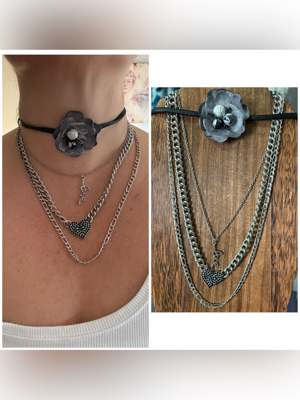 Layered Silver Heart Necklace Set with Gray Flower Choker